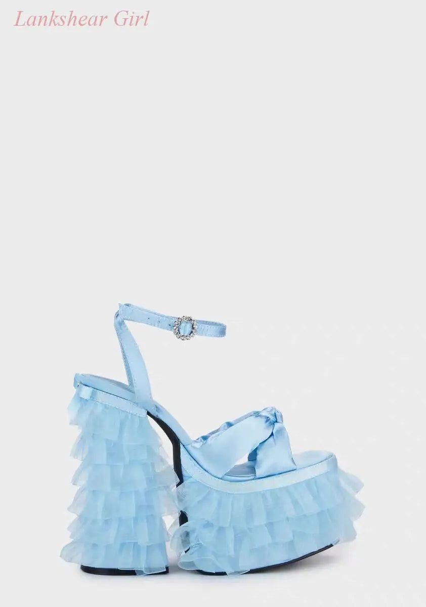 Light Blue Satin Platform High Heel Sandals Women Square Toe knotted Bow Chunky Heel Rhinestone Buckle Mary Janes Shoes