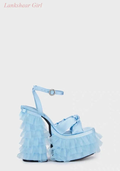 Light Blue Satin Platform High Heel Sandals Women Square Toe knotted Bow Chunky Heel Rhinestone Buckle Mary Janes Shoes