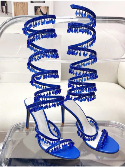 Women's New Rhinestone Sandals Fashion Tassel Crystal Shoes Sexy Nightclub Banquet Party Twining Stiletto Women's Sandals