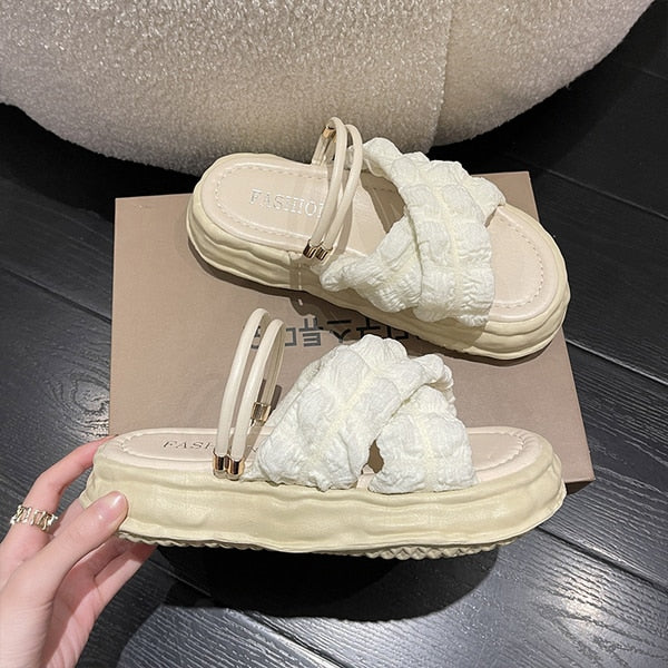 Shoes Slippers Casual Med Slipers Women Platform Slides String Bead Luxury Summer Flat Soft Fashion PU Rubber  Shoes Women