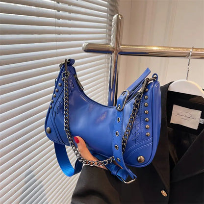 binfenxie Gothic Bag Vintage Fashion Moto Biker Shoulder Bag Rock Style Metal Chain Pu Leather Casual Handbags for Women