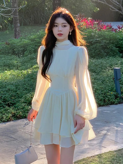 binfenxie French Elegant Slim Ruffle Dress Summer Women Graduation Evening Party Robe Female Bubble Sleeve Korean Chiffon Vestidos