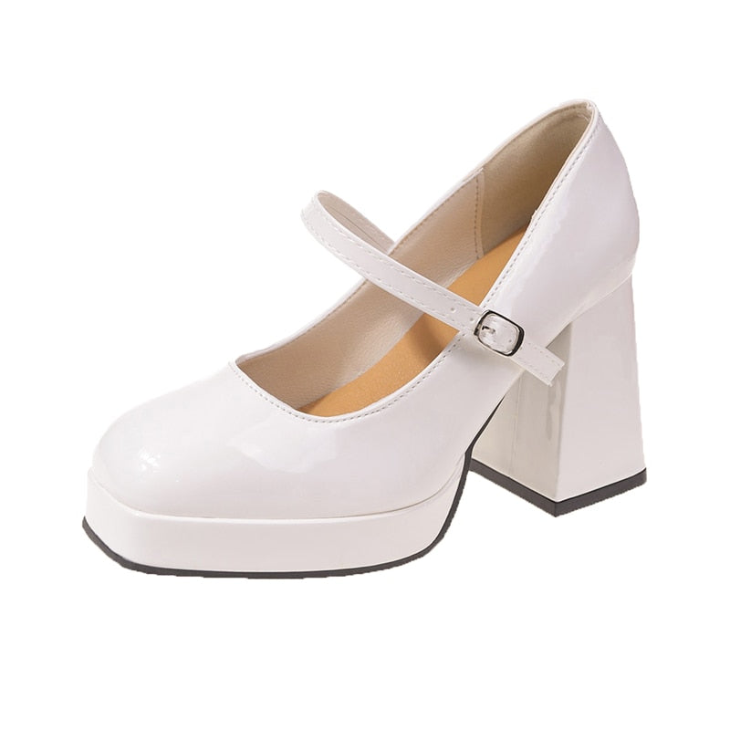 High Heels Women Trend Chunky Heels Platform Lolita Mary Jane Elegant Party Korean Shoes  Dress White The Glossy Fashion