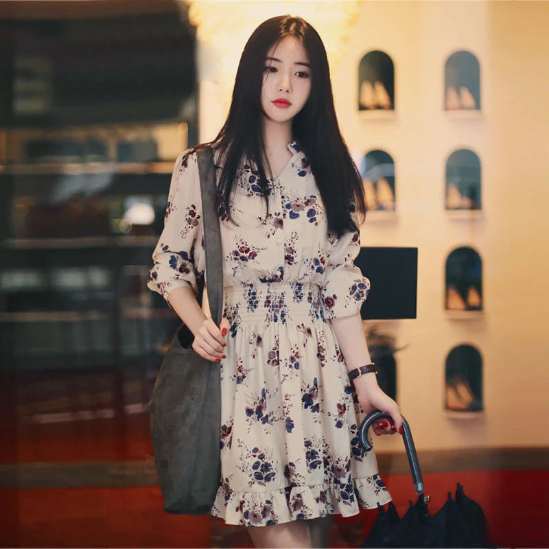 binfenxie Long Sleeve Elegant Floral Chiffon Dresses for Women Summer Autumn Korean Mini Dress Fashion Tunics Light vestido