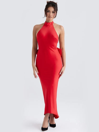 Elegant Red Satin 3D Bow Backless Maxi Dress For Women Off Shoulder Sleeveless Halter Dresses Winter Female Party Club Sexy Robe