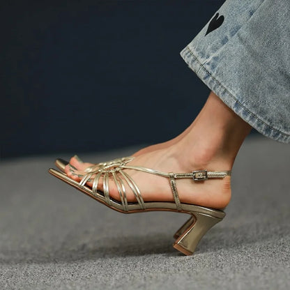 binfenxie Female Retro Sandals Buckle Strap Vintage Summer Gold Shoes For Women French Style Women Sandals Microfiber Ladies Shoes