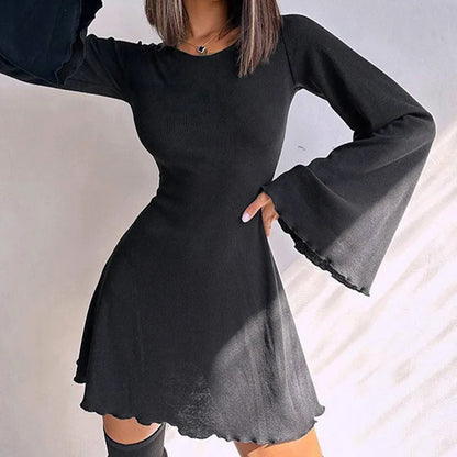 binfenxie Black Autumn Mini Dress Women Streetwear Fashion Lace-up Backless Sexy Flare Sleeve A-LINE Dress Casual Elegant Club Partywear