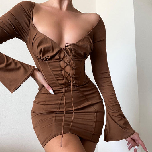 Lace Long Sleeve Lace Up Dress Sexy Bodycon Birthday Day Holiday Party Dresses Mini Flare Sleeve Dresses Women