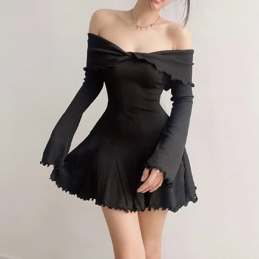 binfenxie Autumn Strapless Sexy Black A-LINE Dress Women Off Shoulder Long Sleeves Streetwear Knitting Mini Dresses Elegant Club Partywear