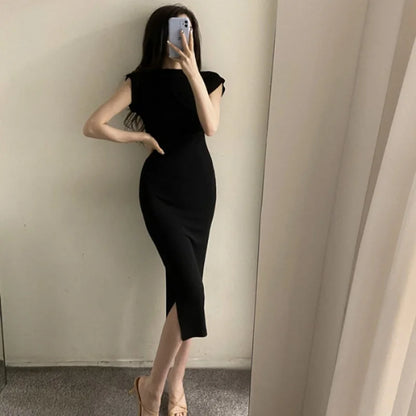 binfenxie Summer New Short Sleeve Women Folds Casual Charm Slim Fit High Waist Split Long Christmas Dress Sexy Wrap Hip Gentle Solid