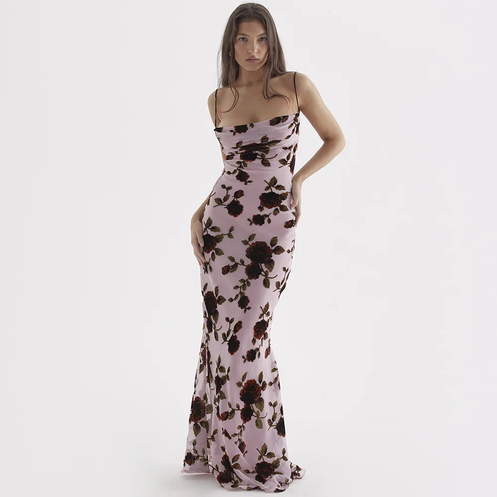 Purple Print Sexy Long Fishtail Dress For Women Robe New Spaghetti Strap Sleeveless Backless Ruched Maxi Dress