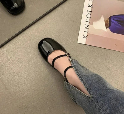 New Mary Jane Shoes Buckle Pumps Women Thick Heels Elegant Shallow Square Toe Footwear Party Office Lady Leather Shoes