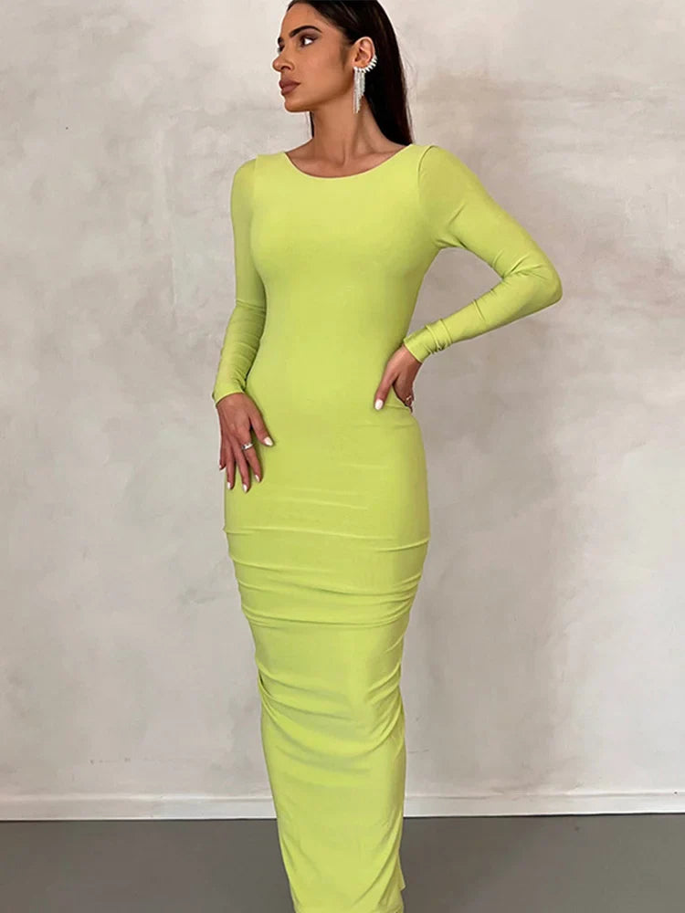 Backless Pleated Midi Dress Women Fashion O-Neck Long Sleeve Dresses Spring Chic Female Sexy Party Evening Outfits