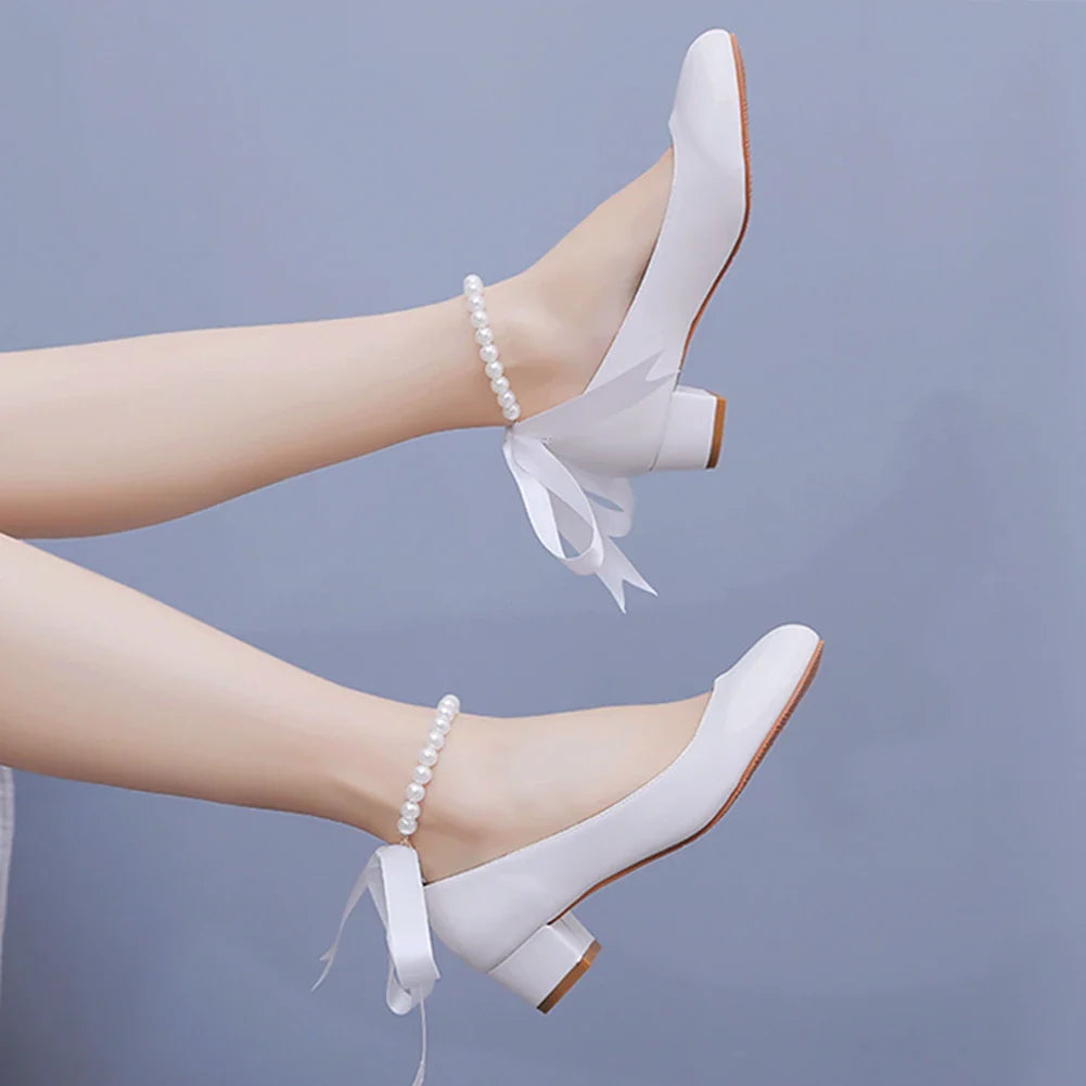 binfenxie  -   White Women Shoes Sexy Bride Party 3CM Pointed Toe Pumps Round Head Shallow Thick High Heels 03BDL