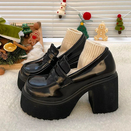 Super High Heels Loafers Women  Spring Patent Leather Chunky Platform Pumps Woman Slip On Black Jk Uniform Shoes Mary Janes