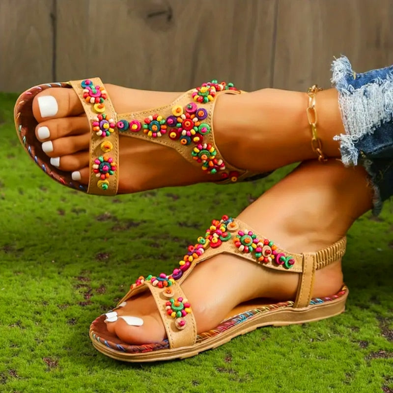 Women's T-Strap Colorful Beaded Flat Sandals Open Toe Elastic Ankle Strap Gladiator Shoes Woman Summer Bohemian Beach Sandals