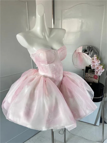 binfenxie Women Chic Pink Asymmetrical Dress Vintage Summer Mini Birthday Female Ruffles PartyLady Holiday Puff Dress