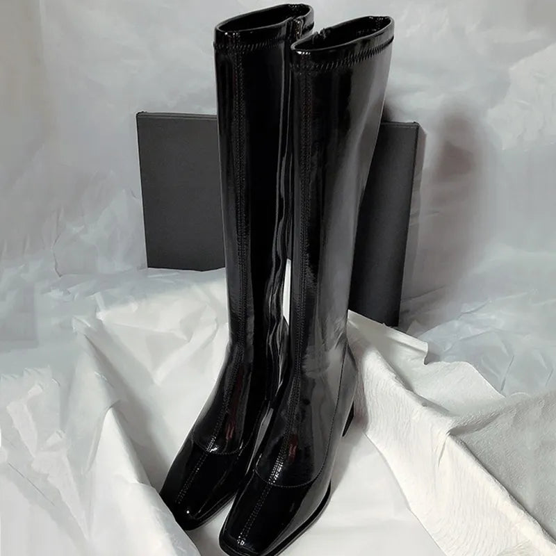 Patent Leather High Heels Long Boots Women  Autumn Square Toe Knee-high Botas Woman Side Zipper Thick Heeled Shoes Female