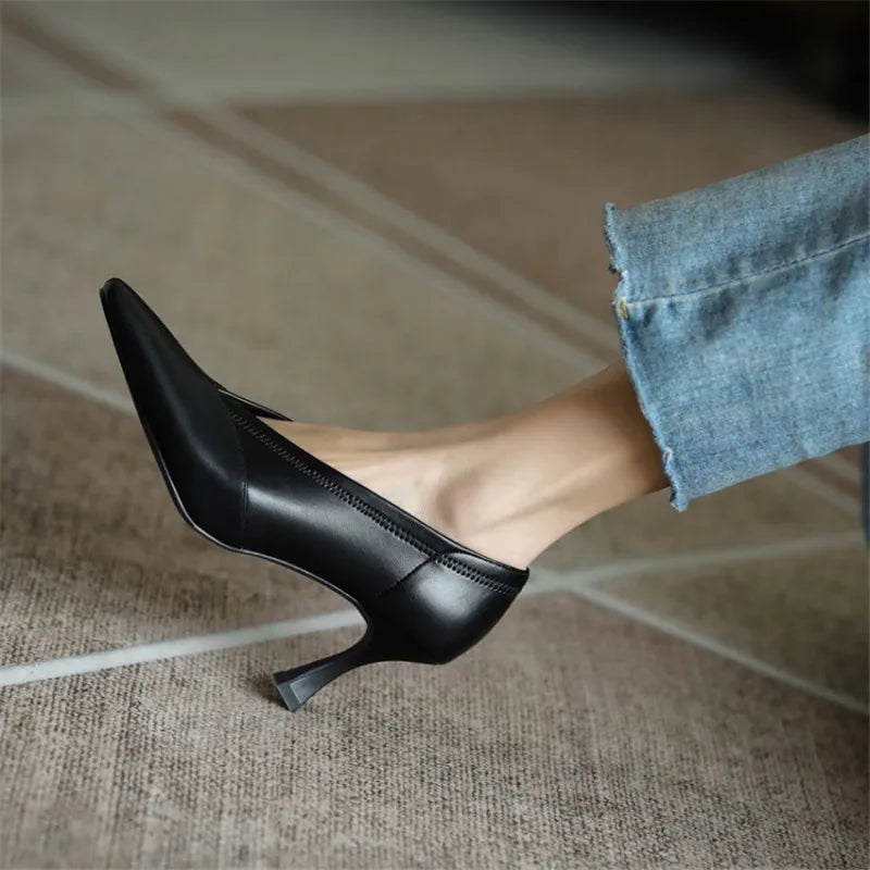 Futurecen  -  Spring Women Shoes Small Square Toe Thin Heel Women Pumps Retro Genuine Leather Shoes Women V-mouth High heels Handmade Shoes