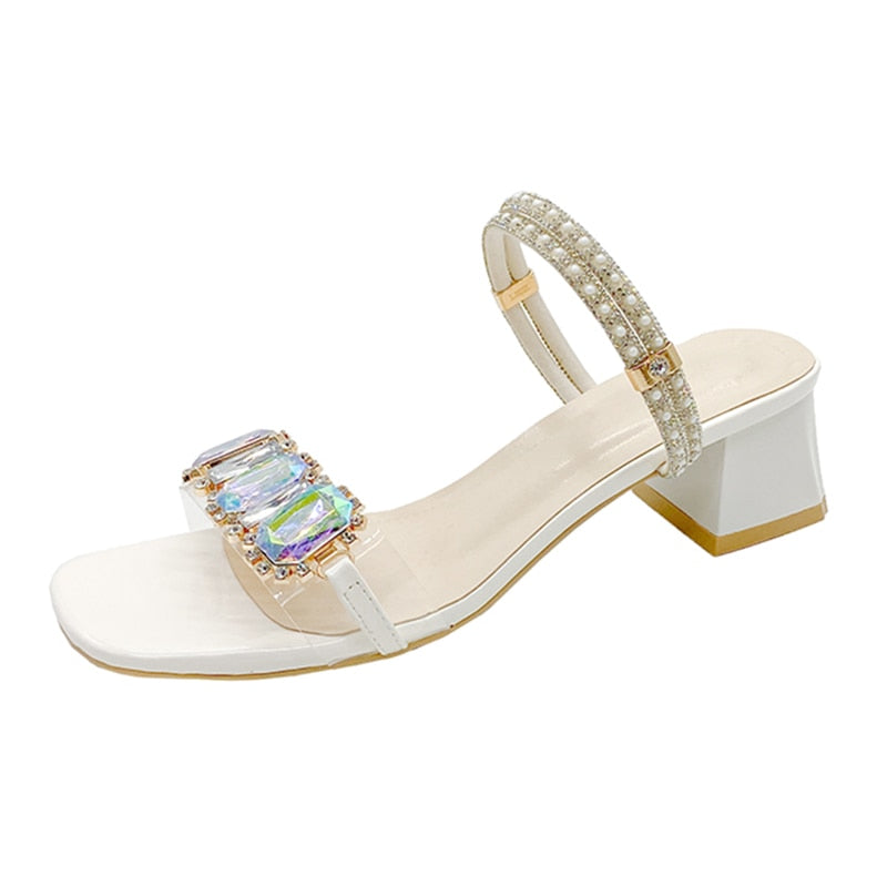 Fashion Rhinestone Sandals for Women Summer Square Heels Open Toe Slippers Woman Transparent PVC Jelly