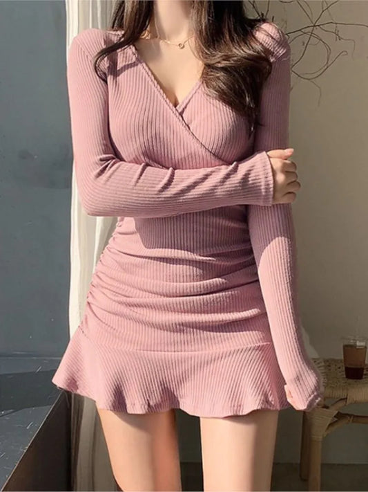 Black Mini Dress Knitted Ribbed V Neck Party Clothes Long Sleeve Ruffles Bodycon Evening Dresses For Women Spring Autumn