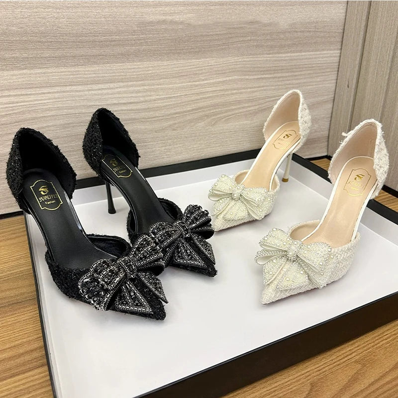 Luxury Pearl Crystal Bowtie White Wedding Shoes Women Spring Brand Designer High Heels Pumps Woman Thin Heeled Party Shoes