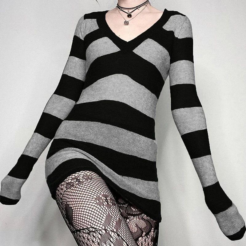 binfenxie Y2K Striped Sweater Mini Dress Mall Goth Grunge Emo Bodycon Chic Women Off Shoulder Full Sleeve Slim Fit Dresses 00s Vintage