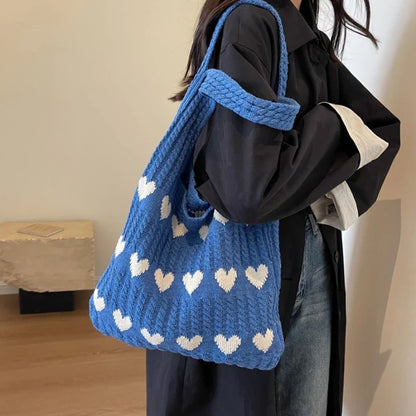 binfenxie Large Capacity Fashion Women Shoulder Bag Woven Heart Casual Simple Handbag Harajuku Style Fresh High Quality Shopping Bag