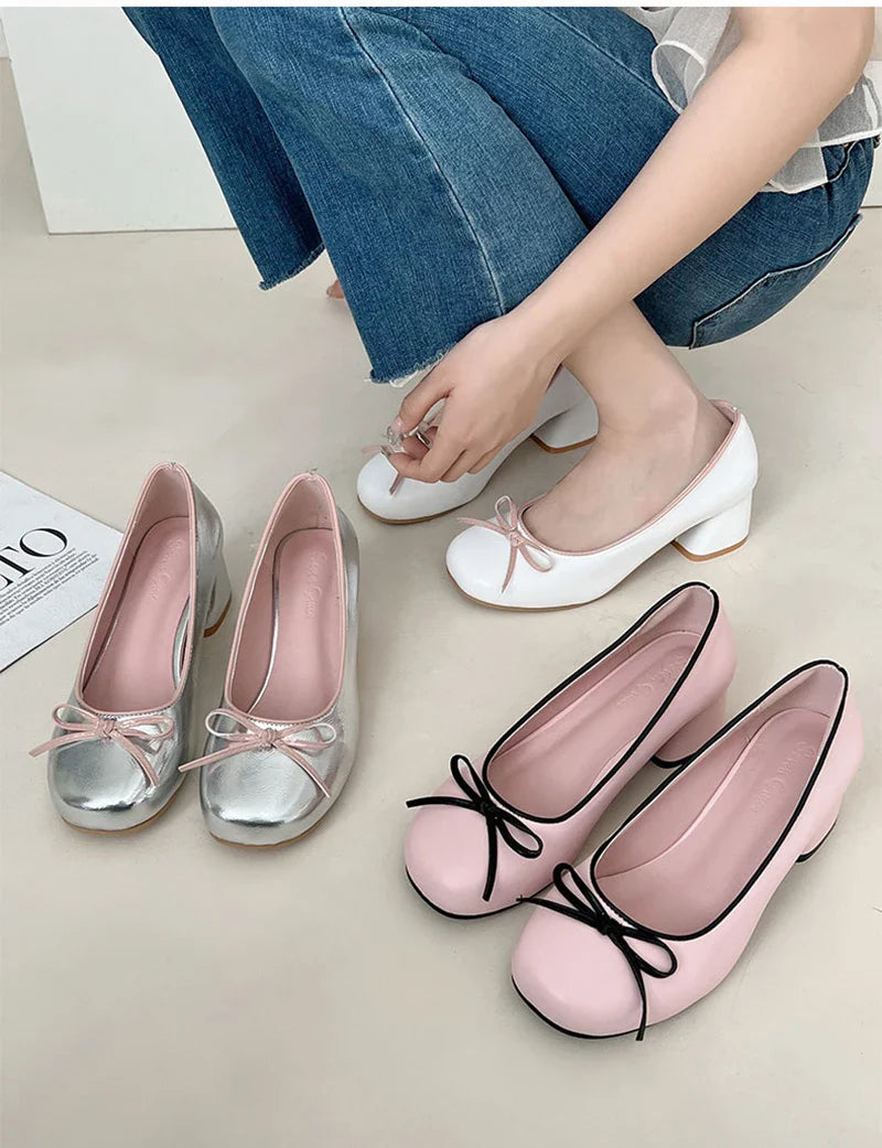 Futurecen Designers Butterfly-knot Women Pumps Fashion Shallow Slip On Thick Low Heel Sandalias Ladies Elegant Outdoor Mary Jane Shoes