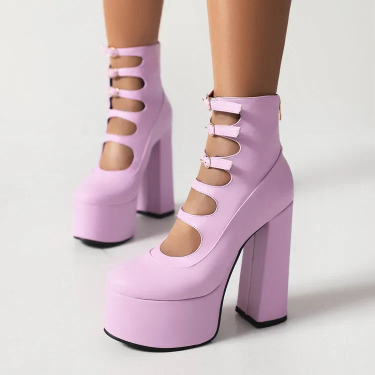 New purple Lolita sweet 15cm high heels thick bottom bow women's shoes round head hollow out buckle single shoes size 36-47