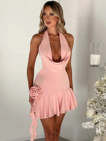 Halter 3D Flower Backless Sexy Mini Dress For Women Fashion V Neck Sleeveless Ruffls Club Party Dress Elegant