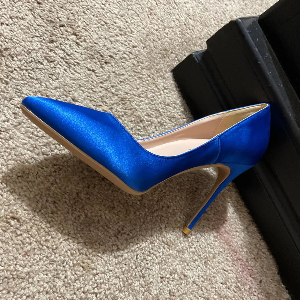 Futurecen Royal Blue Women Silk Satin Stilettos High Heels Elegant Ladies Fashion Pointed Toe Slip-on Pumps Party Dress Shoes