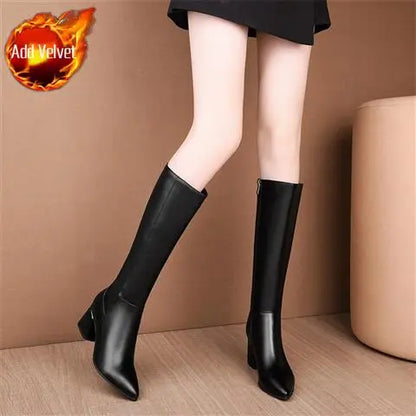 Shoes for Woman Long Winter Knee High Shaft Footwear Leather Women's Boots Fur Brown Pointed Toe Chic and Elegant Fashion