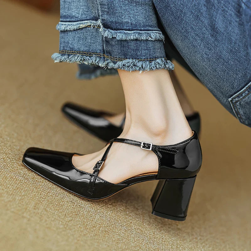 Futurecen Women Pumps 6 cm Mary Jane Shoes French Style  Patent Leather Sandals Buckle Spring Autumn Pumps Square Toe Lady Shoes