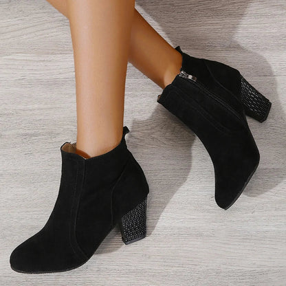 Fashion Crystal Square Heel Ankle Boots Woman Autumn Winter Round Toe Black Heeled Boots for Women Short Botas Mujer