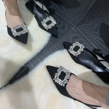 2023 New Summer Rhinestones Women Sandal Fashion Pointed Toe Shallow Slip On Ladies Elegant Slingback Shoes Casual Flats Heel