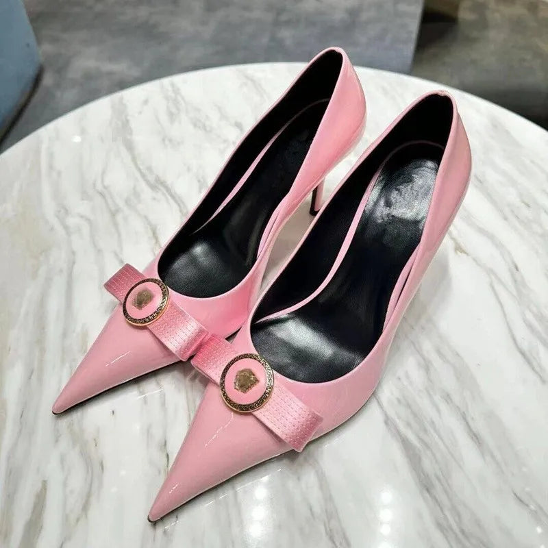 binfenxie  -   Star style Fashion Patent Leather Rhinestones Bowknot Women Pumps Spring Autumn Elegant Pointed toe Thin High heels Party Shoes