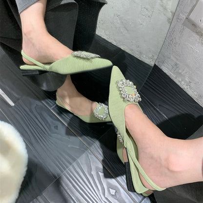 2023 New Summer Rhinestones Women Sandal Fashion Pointed Toe Shallow Slip On Ladies Elegant Slingback Shoes Casual Flats Heel