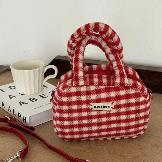 binfenxie Vintage Cute Handbag for Women Red Plaid Letter Soft Kawaii Crossbody Bag Autumn Winter New Luxury Designers Shoulder Bag