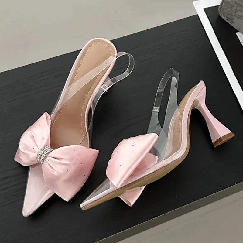 Futurecen Fashion Butterfly-knot Pointed Toe Women Pumps PVC Transparent High Heels Sandals Wedding Banquet Female Mules Shoes