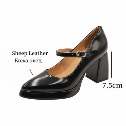 binfenxie  -   Real Leather Mary Jane Burgundy Pumps Women Block High Heeled Buckle Shoes Platform Heels Ladies Party Bridal