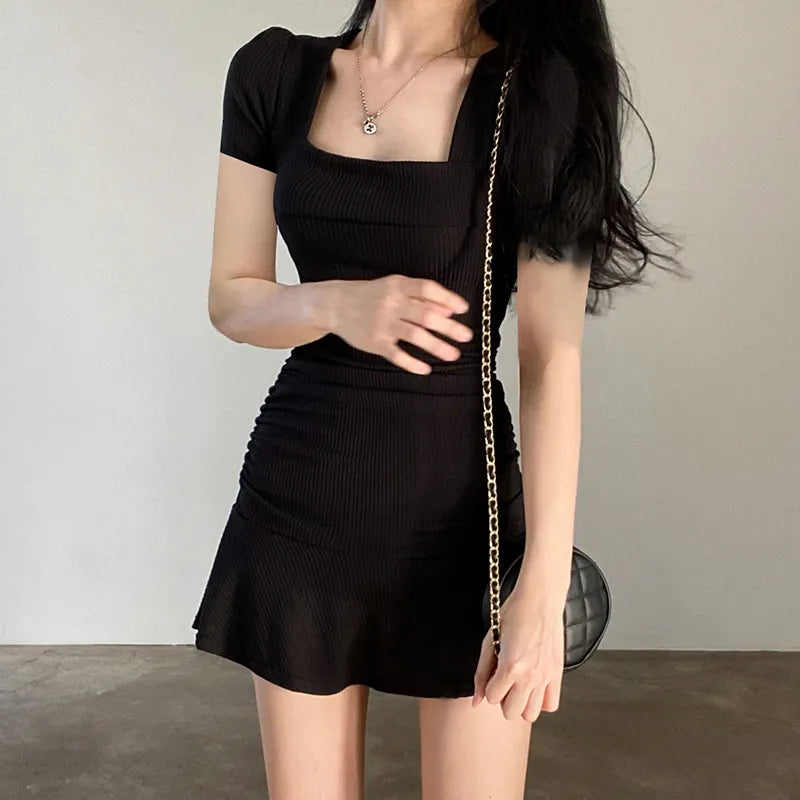 binfenxie Ruched Black Dress Women Square Collar Short Sleeve Slim Mini Dress Summer Korean Fashion Folds Ruffles Bodycon Sundress