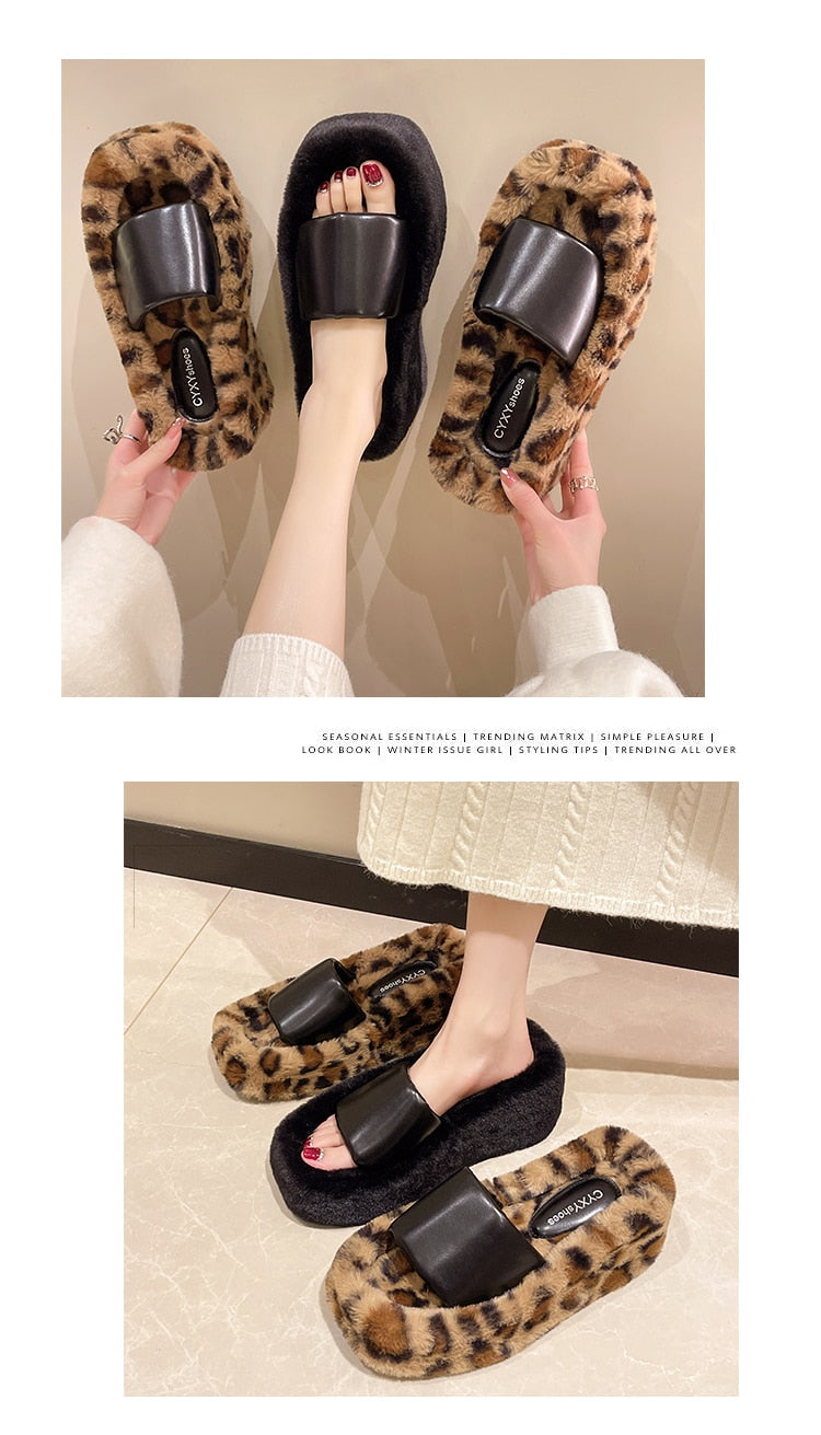 Shoes Slippers Flat Platform Women Heels Fur Flip Flops Slides On A Wedge Pantofle High Plush Soft 2022 Leopard Rome PU Fabric l