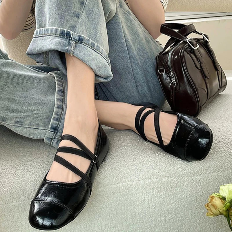 Women Flat Shoes Fashion Shallow  Ankle Cross Strap Ladies Soft Sole Flat Heel Dress Round Toe Ballet Shoes