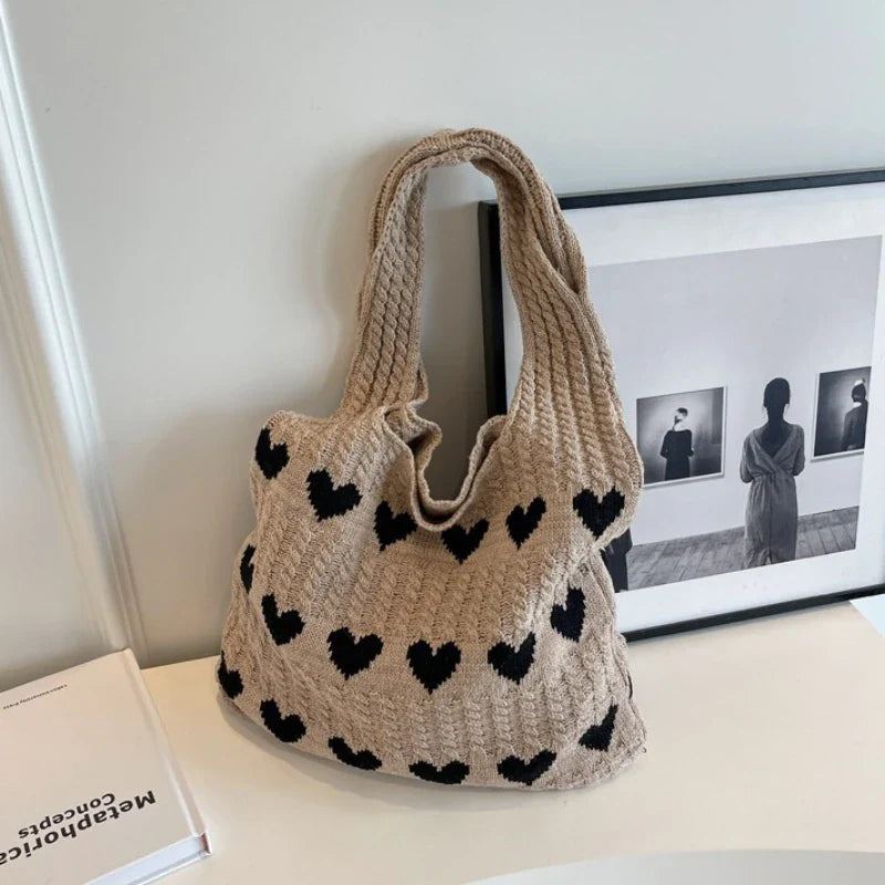 binfenxie Large Capacity Fashion Women Shoulder Bag Woven Heart Casual Simple Handbag Harajuku Style Fresh High Quality Shopping Bag