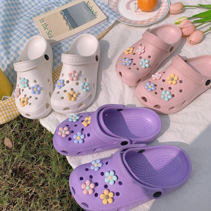 DIY Hole Slippers Women Summer Sandals EVA Sole Flower Decor Beach Slippers Non-slip Woman Sandals Soft Bottom Indoor Flip Flops