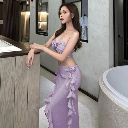 binfenxie Autumn Women Clothing Suspended floral bra top with sexy split and shimmering casual Slim Fit Skirts Dresses