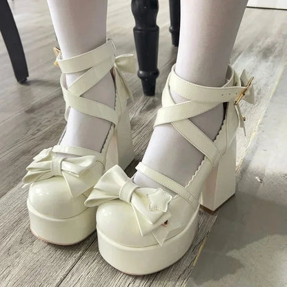 Futurecen 2024 Lolita Shoes Women Mary Janes High Heels Shoes Chunky Sandals Summer Fashion Retro Bow Party Platform Pumps