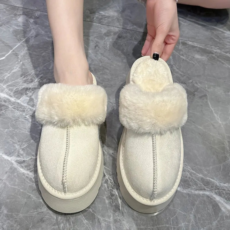 Shoes Woman Plush Slippers For Adults Low Pantofle Platform Fur Flat New Hoof Heels Cotton Fabric Rubber Rome Basic Slides