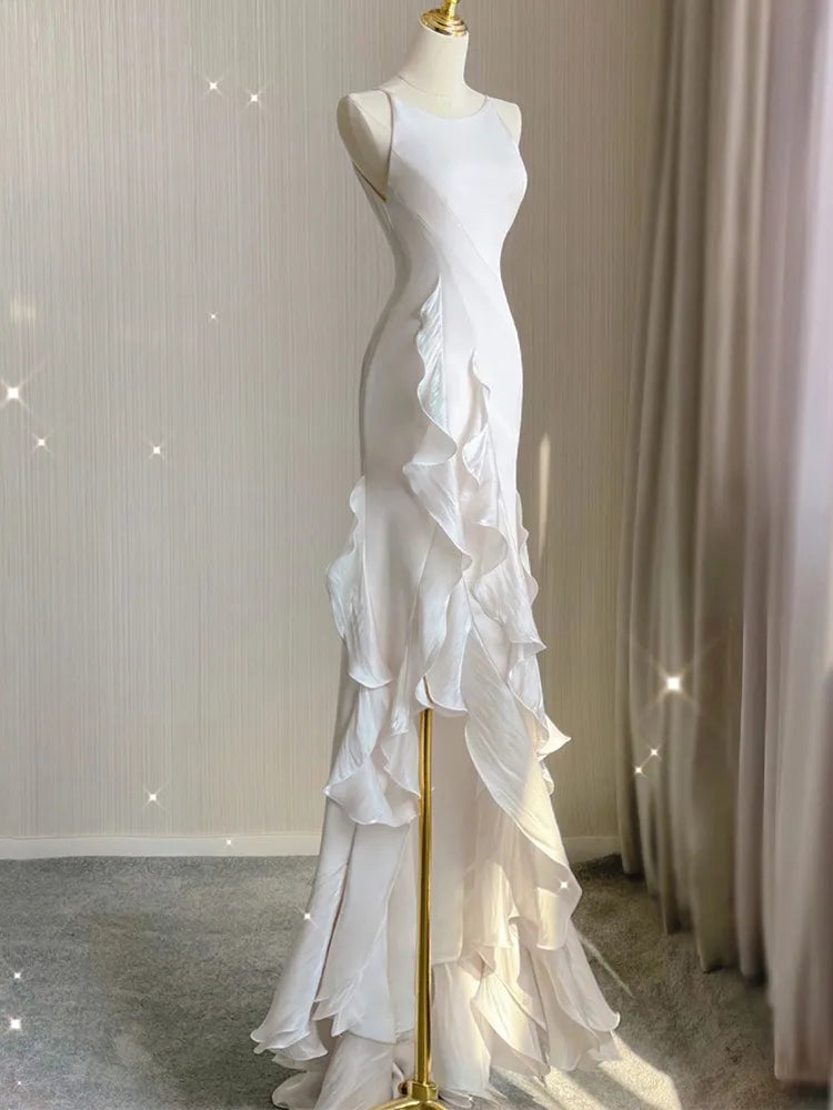 binfenxie Elegant White Round Neck Slim Fit Sleeveless Women Wedding Dress Evening Party Gown with Ruffles Vestidos De Novia